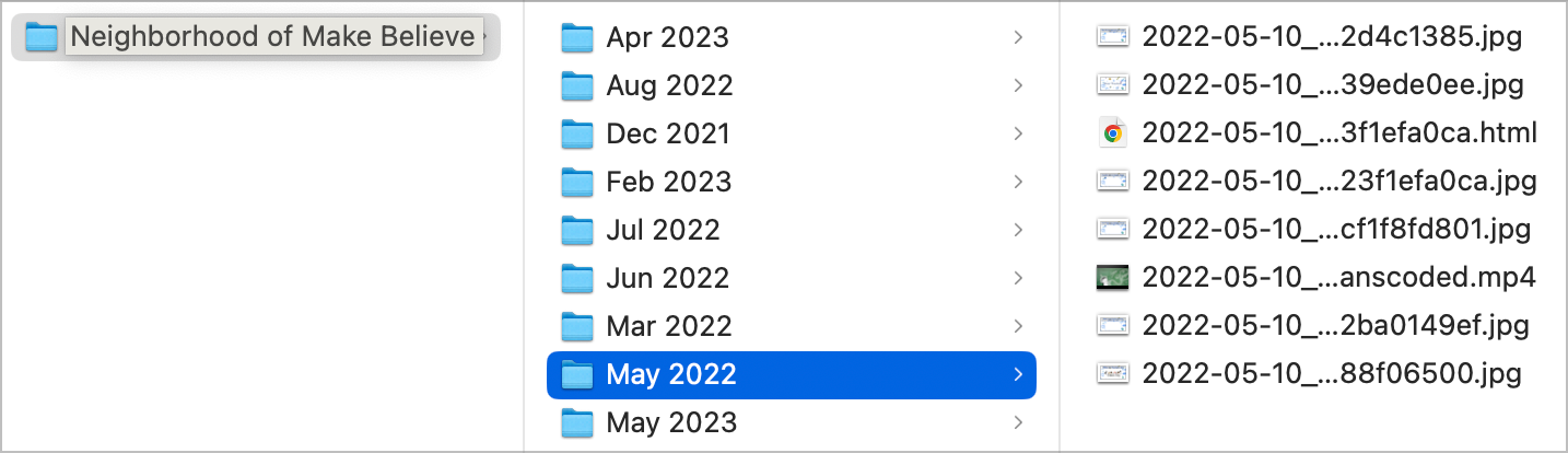 Direktori fail komputer yang menunjukkan folder yang disusun mengikut bulan.