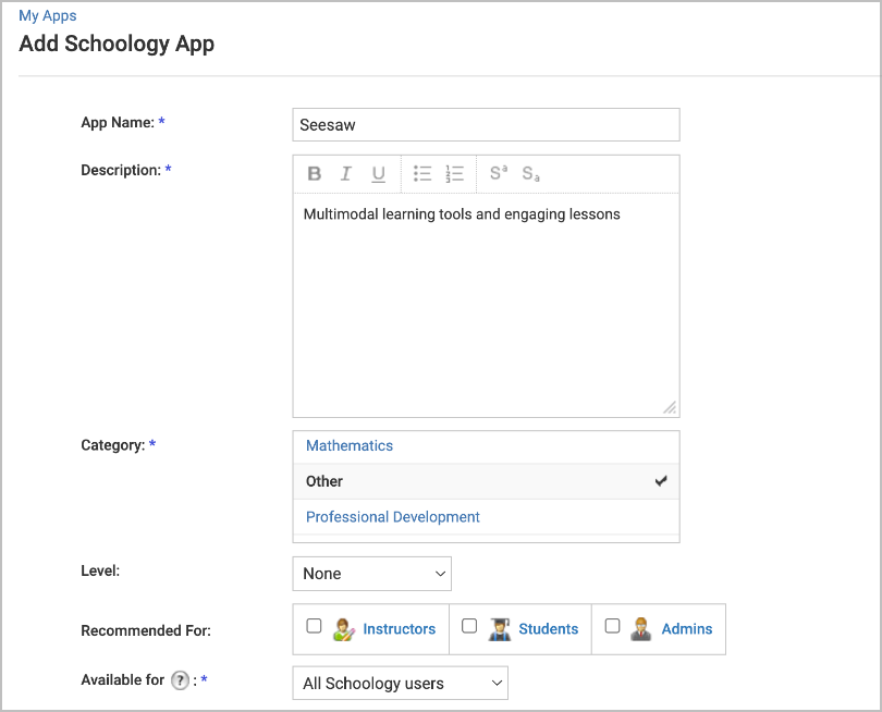 Schoology Add Application module