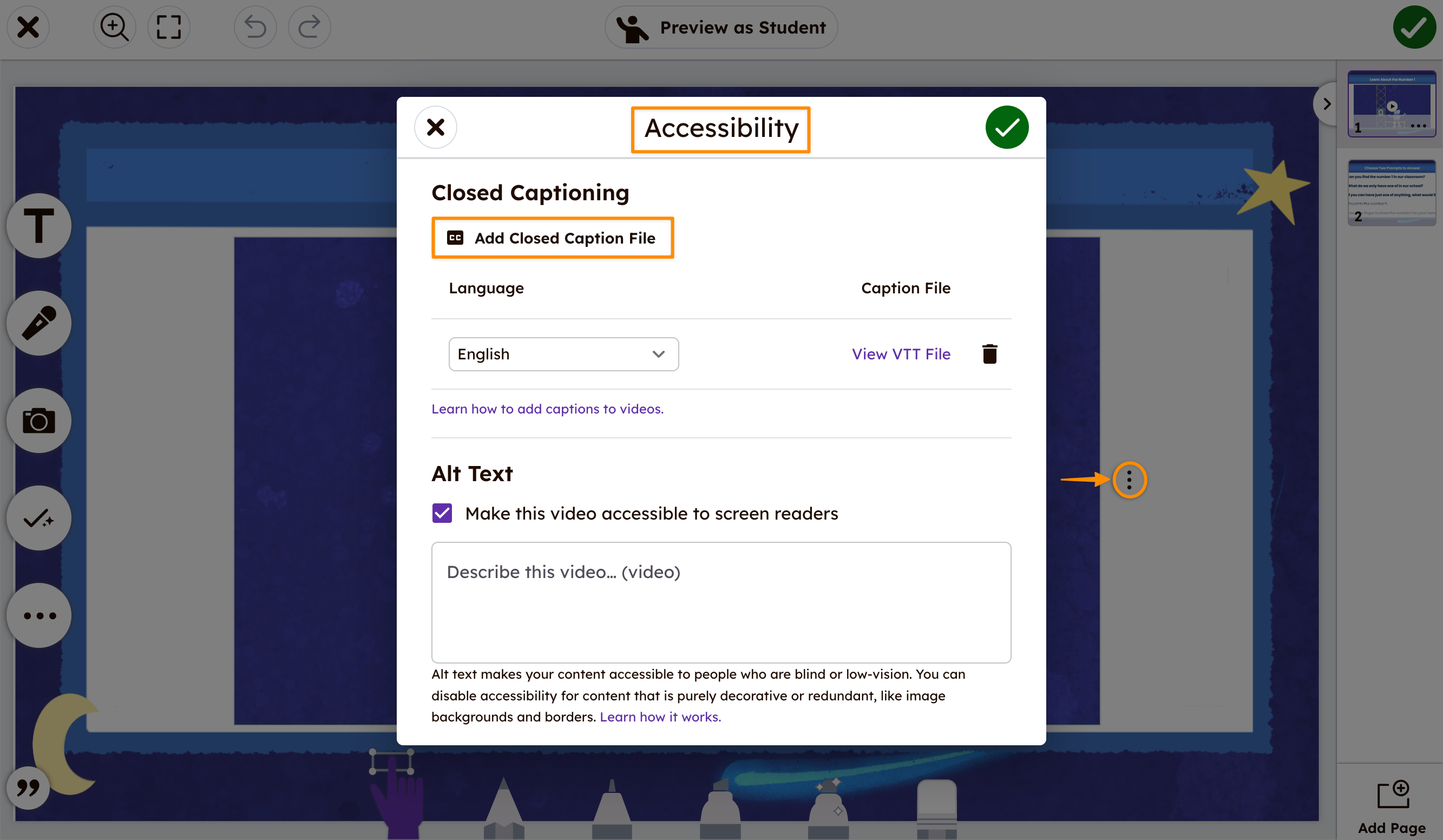 Accessibility menu with the option to Add Closed Caption in the top left corner. 