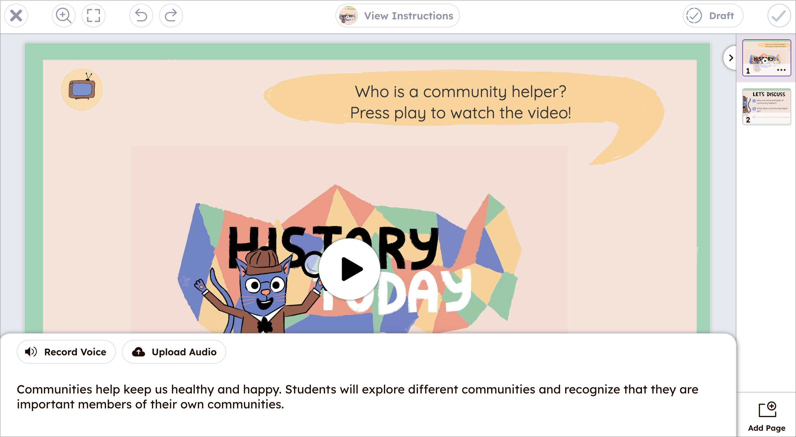Creative Canvas with Caption tool open, options to record voice or upload audio for caption.