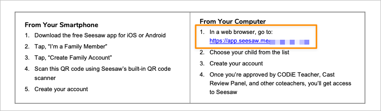 Family invite with box highlighting where to find the direct URL link on the family invite letter. 