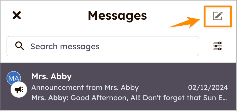 Screenshot of Messages window and icon to create a new message.