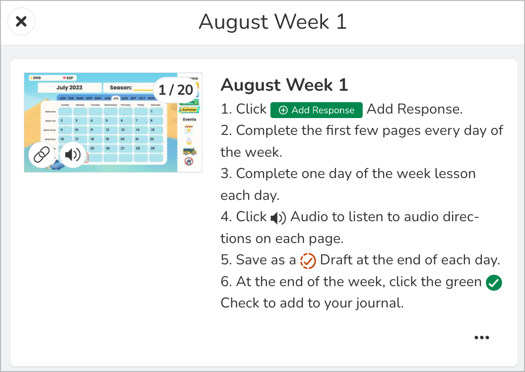 Example activity with green '+ Add Response' icon included in instructions as a visual for students to tap the green plus to add their journal response. 