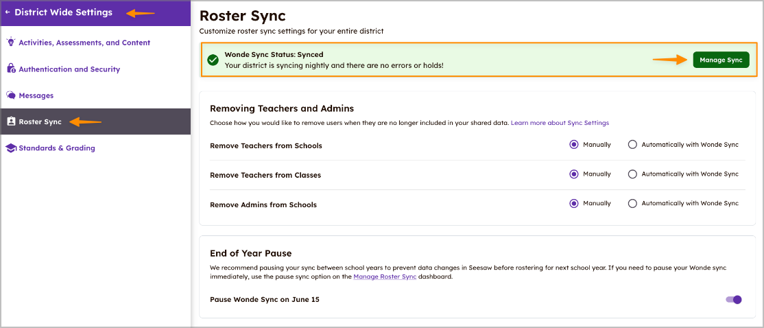 District Wide Settings highlighting Roster Sync option on left sidebar and Manage Sync green button to access the Manage Sync dashboard. 