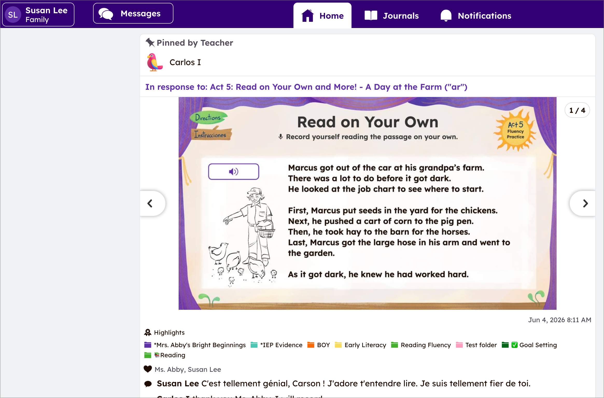 家族メンバーのホームタブに表示された生徒のジャーナル投稿と先生のフィードバックおよび活動の詳細。